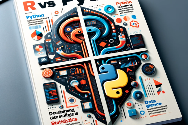 DALL·E 2023-12-12 11.56.13 - A visually engaging magazine cover for an article titled 'R vs Python_ Deciphering R's Unique Strengths in Data Analysis and Statistics'. The cover fe